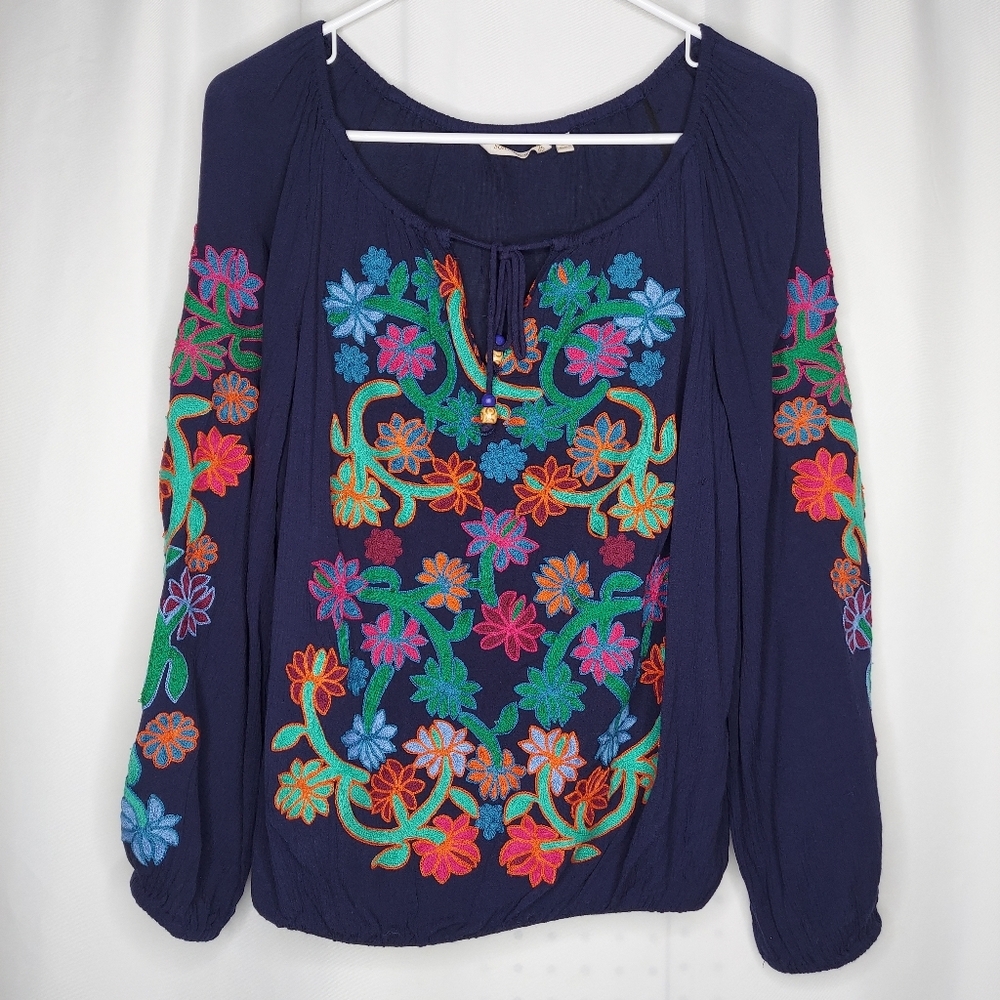 Soft Surroundings Top Women XS Multicolor Embroidered Floral Peasant Long Sleeve